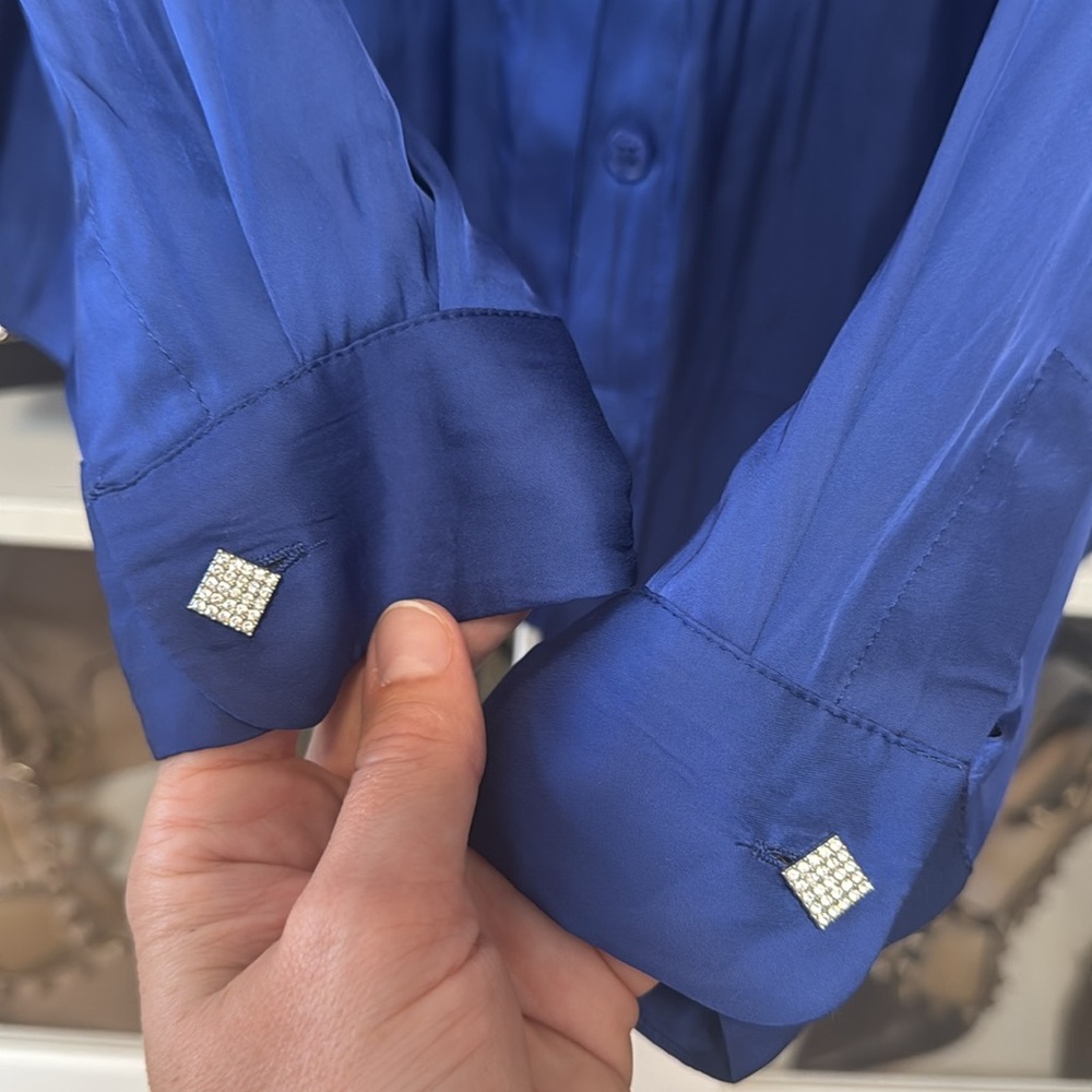 Zadig & Voltaire Touchy Satin Blouse XS Blue Rhinestone Cuff Button Up Silky - Picture 4 of 7